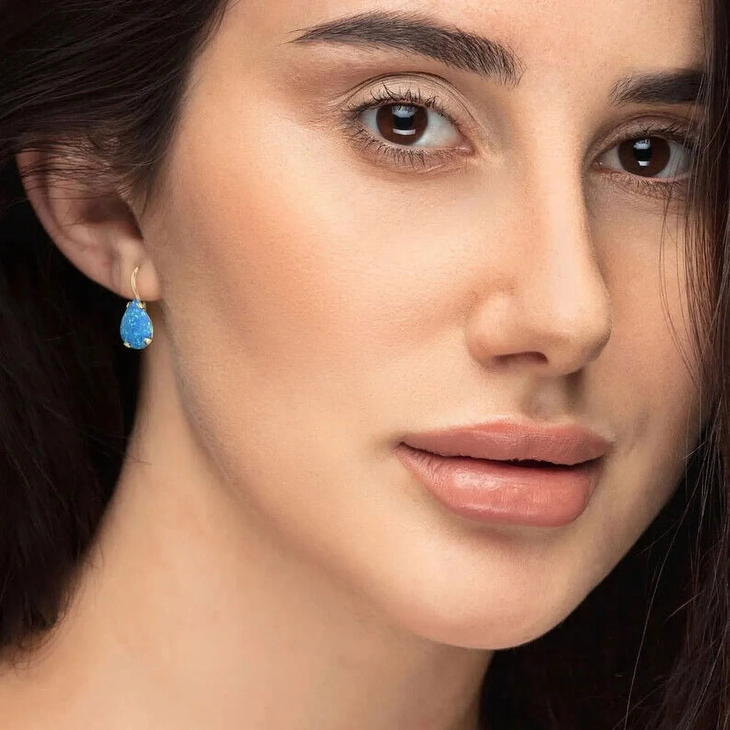 14K Yellow Gold Pear Cut Blue Opal Gemstone Teardrop Earrings R94949