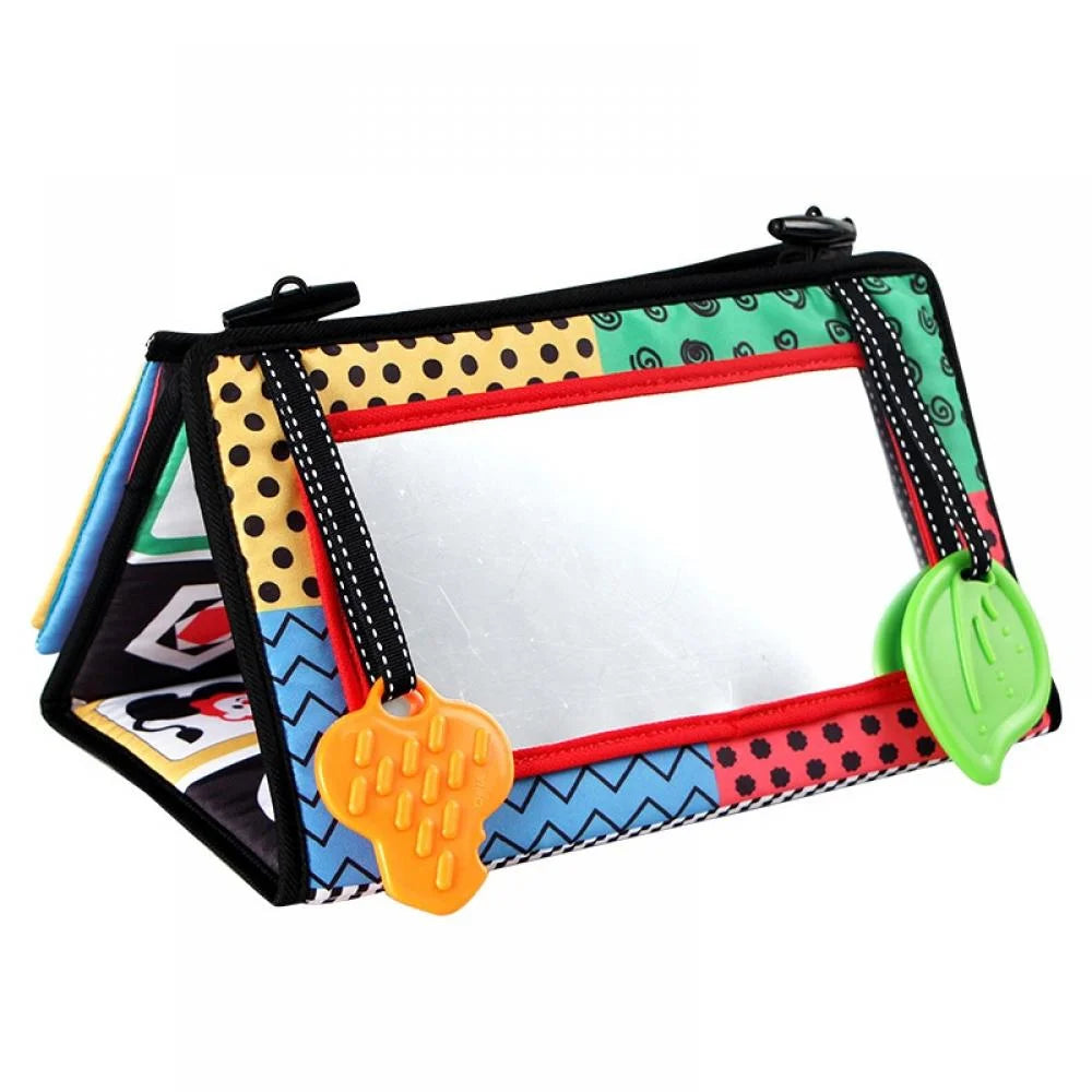 Tummy Time Floor Mirror with Crinkle Cloth Book and Teethers, High Contrast Black and White Baby Toys, Montessori Sensory Crawling Toy H3804