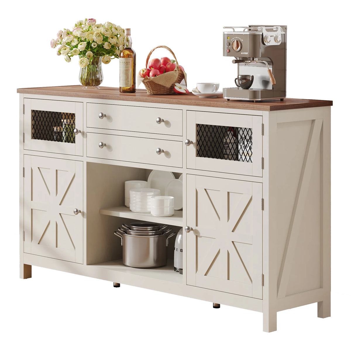 Antique White Farmhouse Coffee Bar Cabinet with 2 Drawers G88328