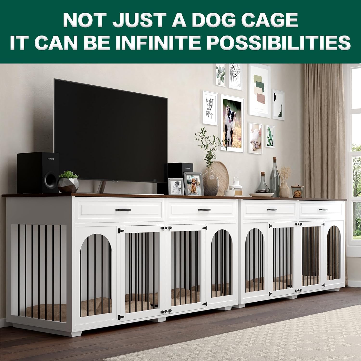 White 74.8 Inch Heavy Duty Wooden Dog Crate with 2 Drawers F802