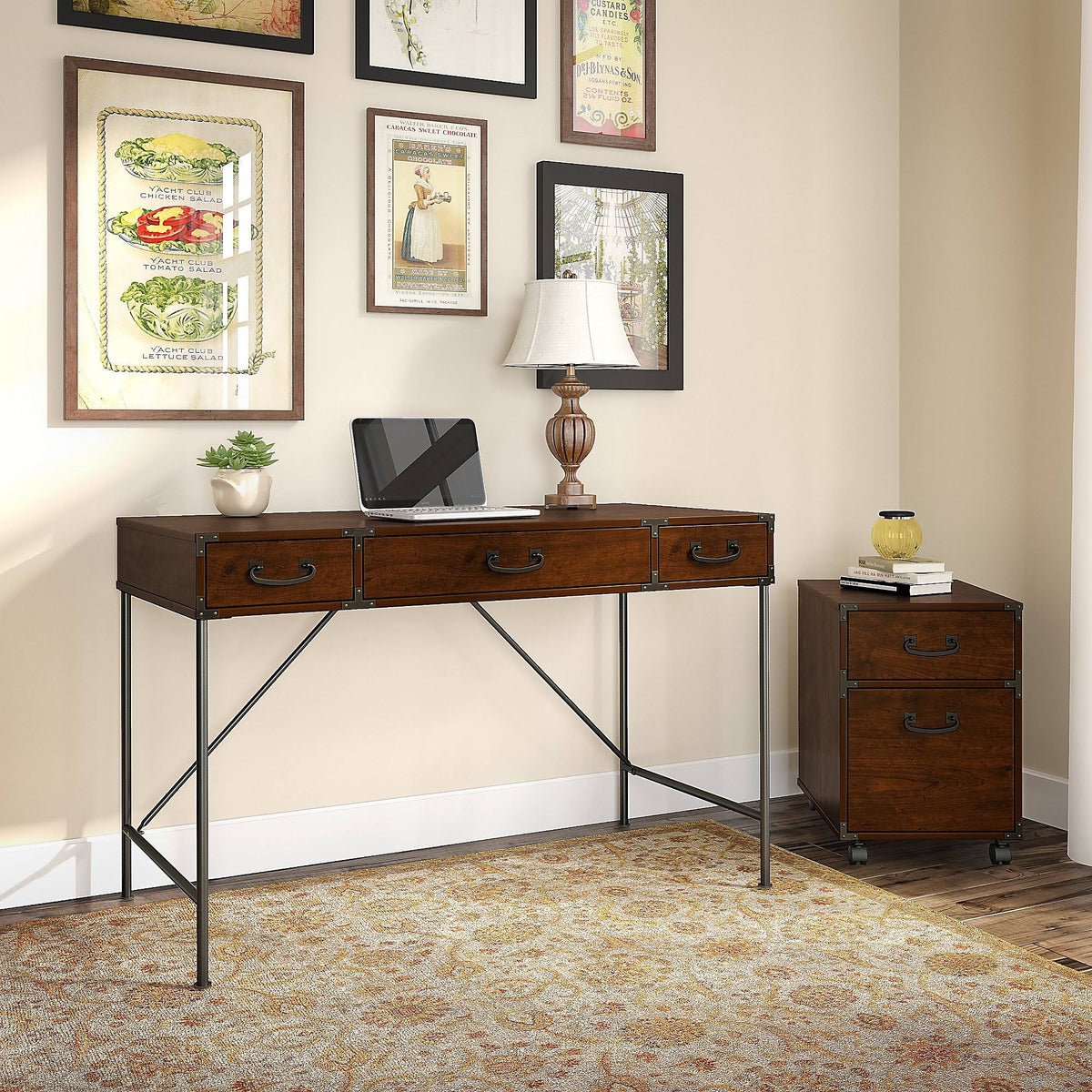 48W Writing Desk and 2 Drawer Mobile File Cabinet, Coastal Cherry V234