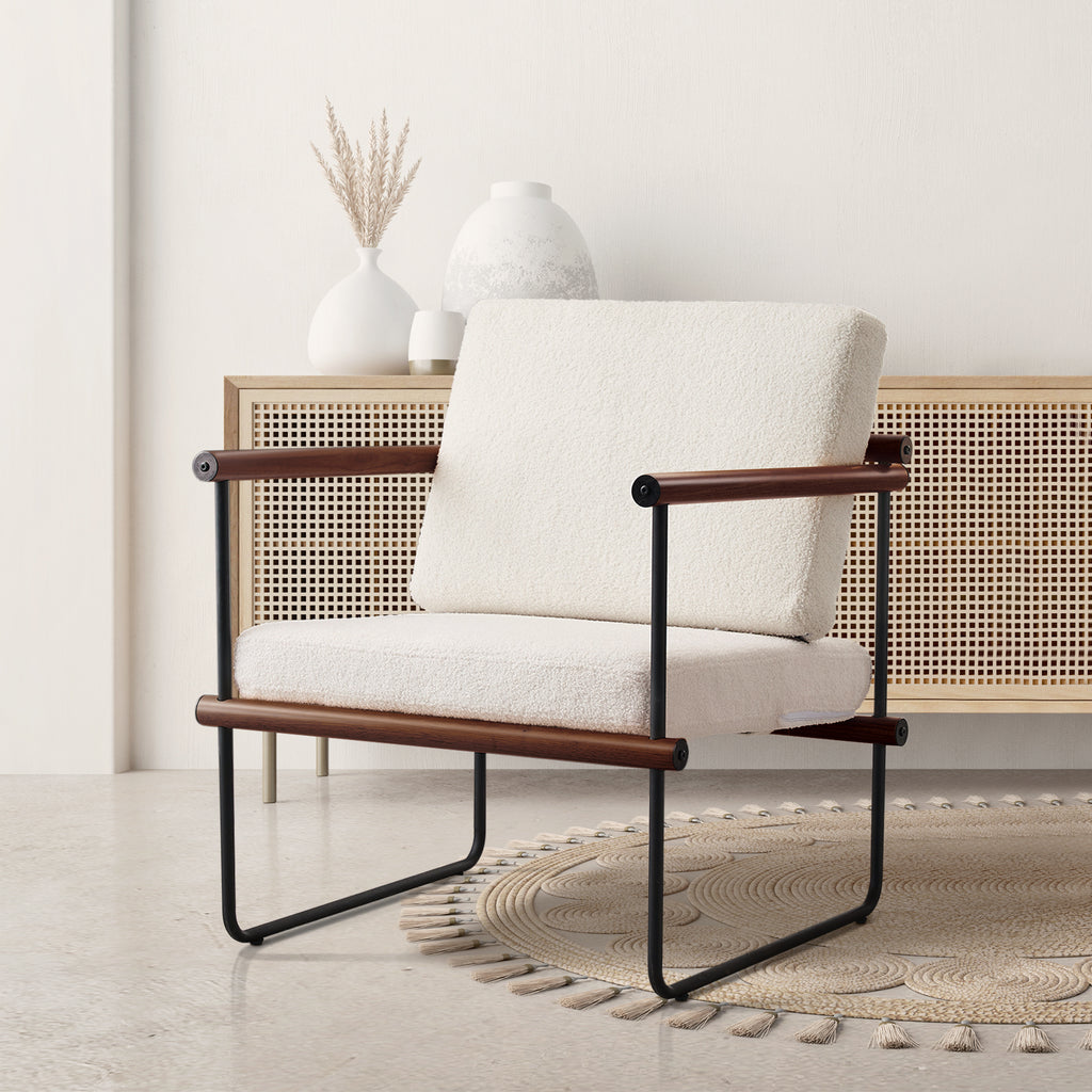Walnut Boucle Accent Chair with Metal and Wooden Frame P413