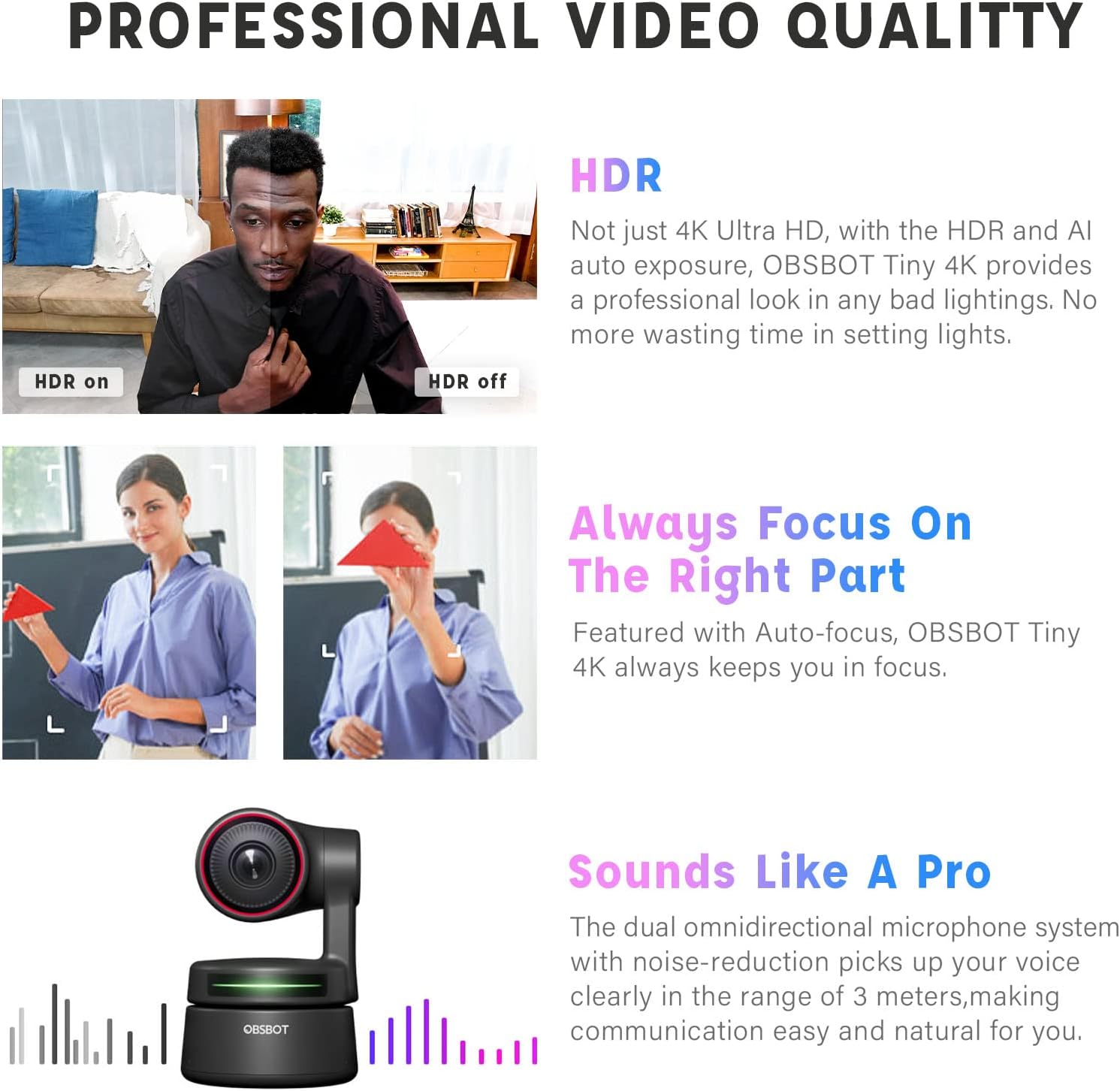 4K PTZ Webcam with Dual Omni-Directional Mic 4X Zoom Q415