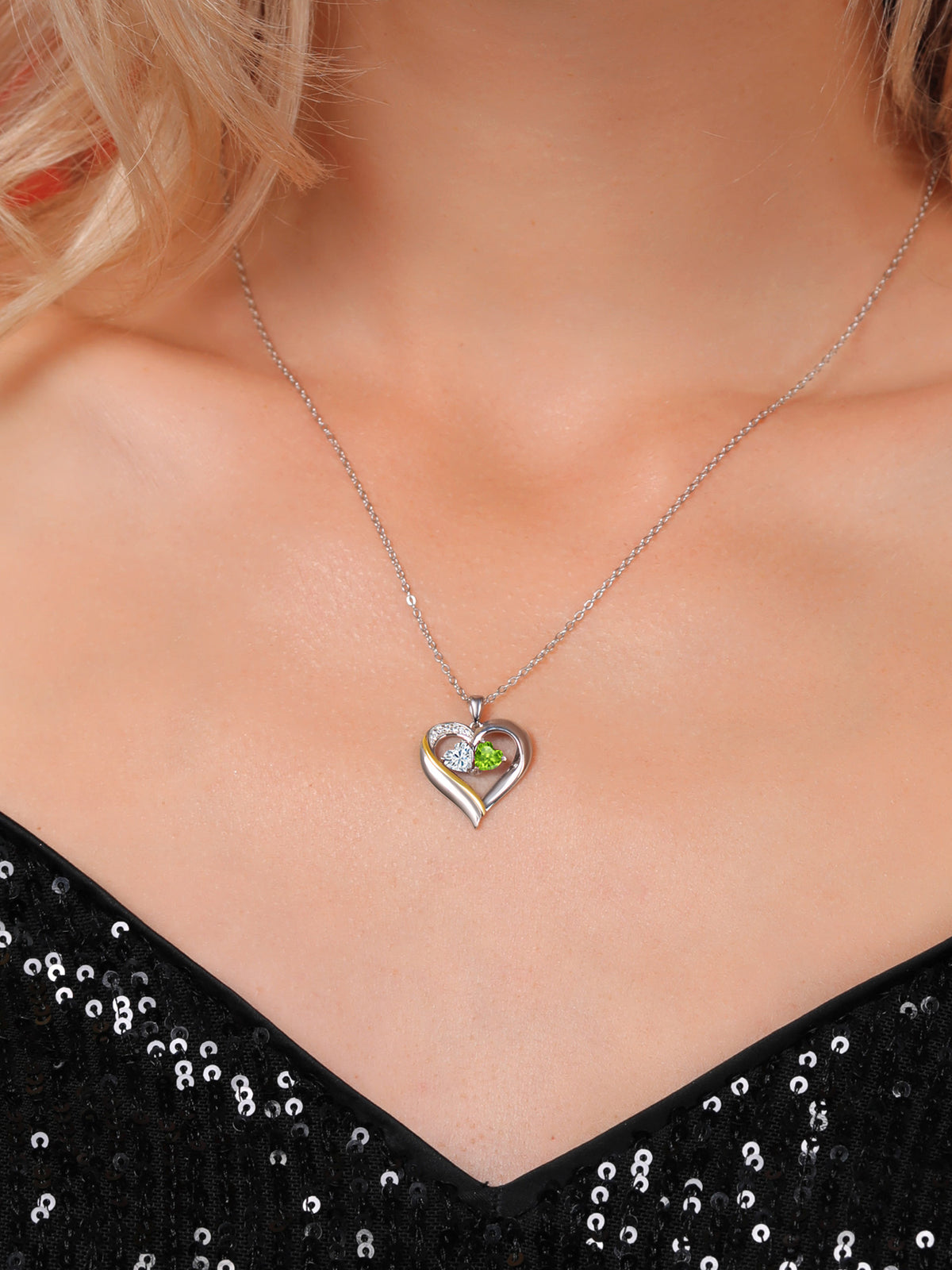 925 Silver 10K Yellow Gold Heart Shape Lab Grown Diamond Pendant Necklace with White Moissanite and Green Peridot (0.95 Cttw, Double Heart, 18 inch Chain) H45755