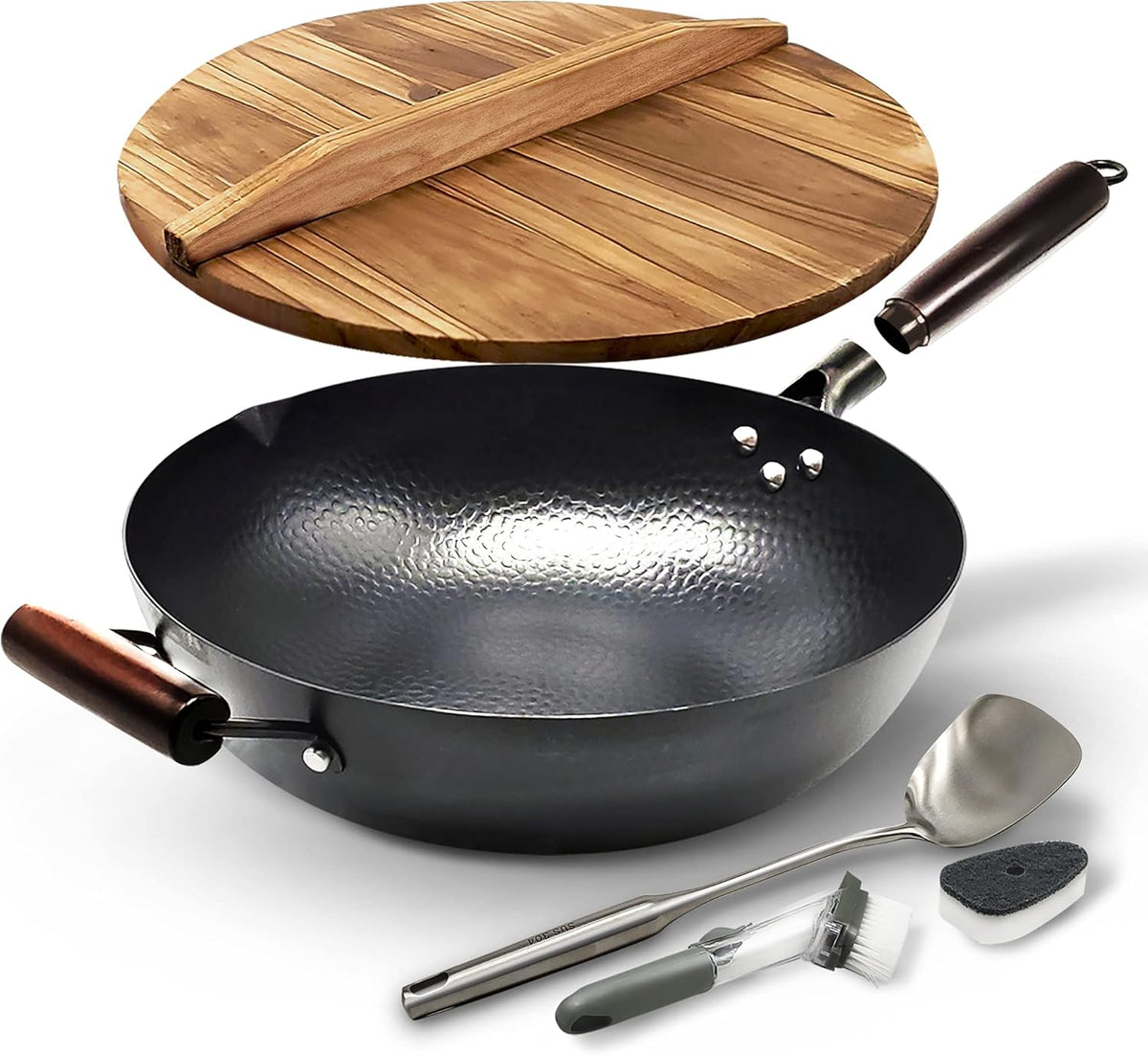 Carbon Steel Wok Pan With Lid, Non-Stick 12.6 Flat Bottom Wok Set R808
