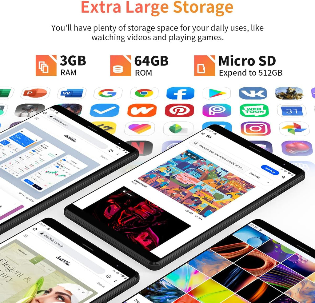 8 inch Android 11 Tablet, 3GB RAM 64GB ROM, 800 * 1280 HD Display P8169