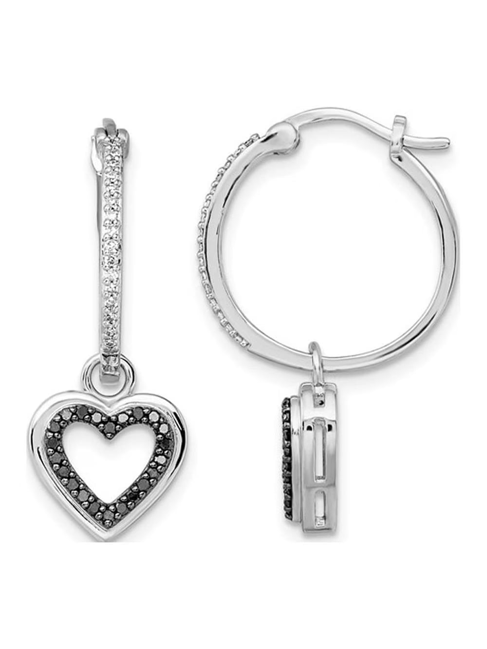 Black & White Diamond Dangle Heart Earrings in Sterling Silver Q954