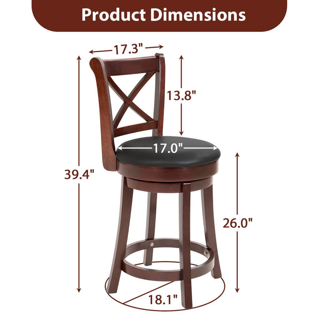 Brown Wooden Low Back Bar Stools with 360 Degree Swivel and PU Leather Upholstery X378