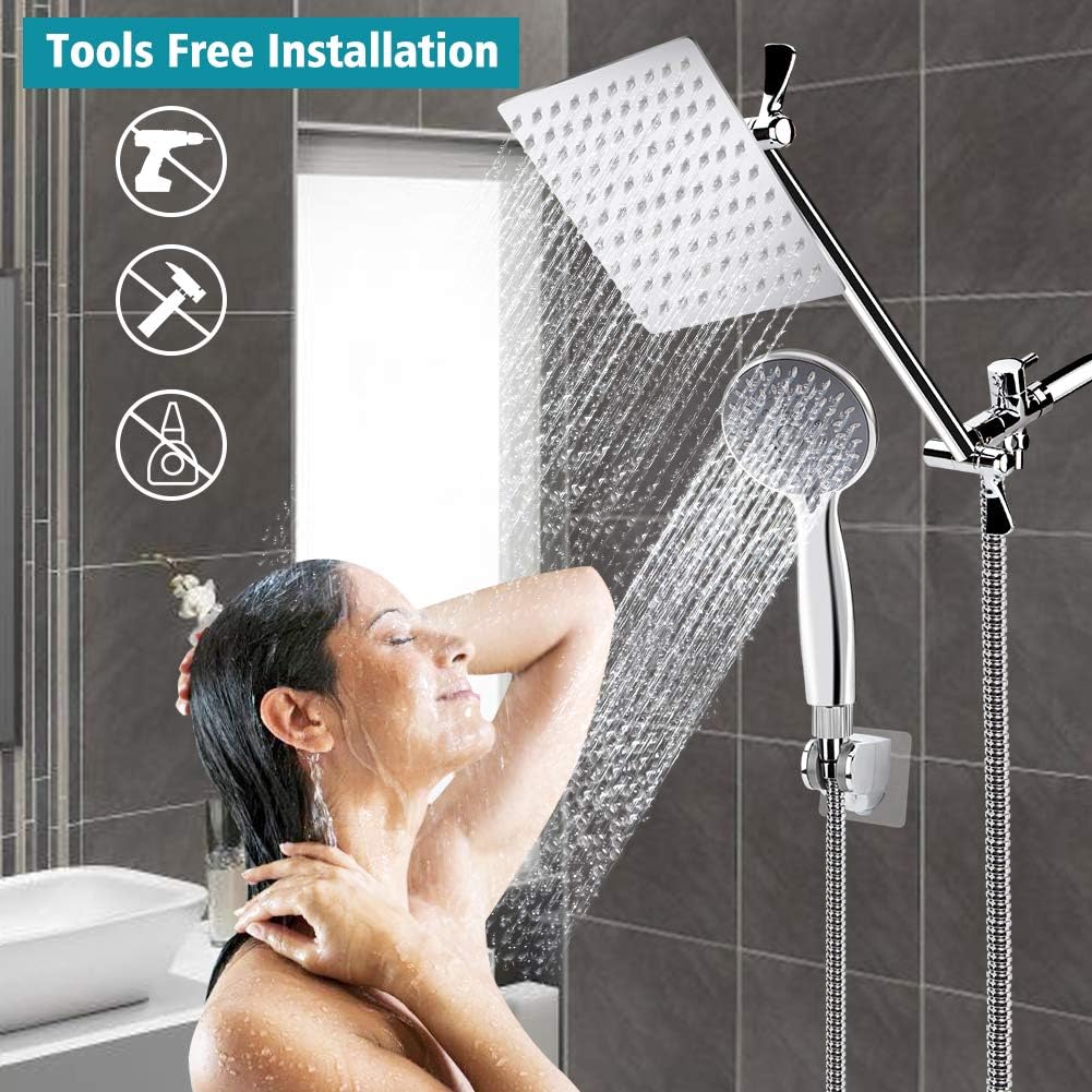 Chrome Stainless Steel Rainfall Shower Head Combo with Extension Arm, Holder, Hose, 4 Hooks, Pack of 2 R999303