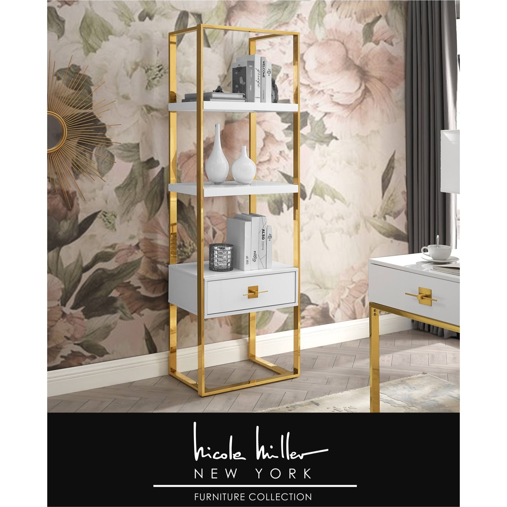 High Gloss Stainless Steel Bookcase with 1 Drawer Y281046