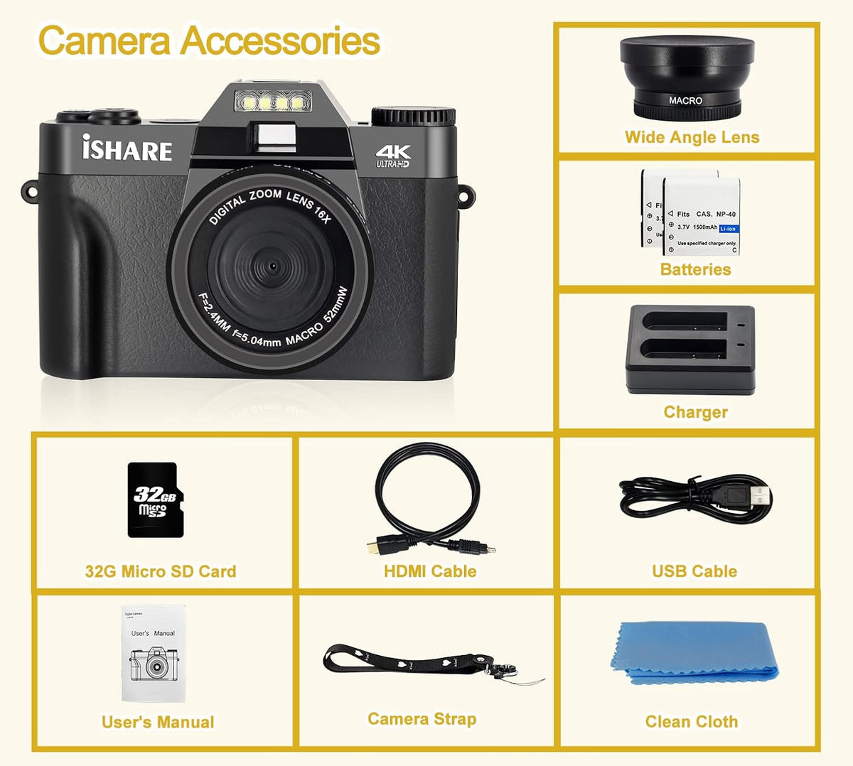 4K 48MP Digital Camera with 3.0 inch 180Deg Flip Screen and 2 Batteries A141553