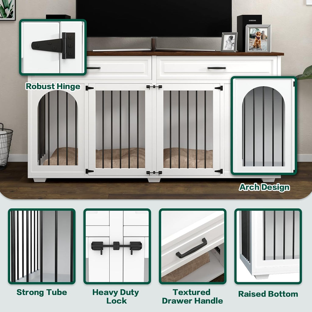 White 74.8 Inch Heavy Duty Wooden Dog Crate with 2 Drawers F802