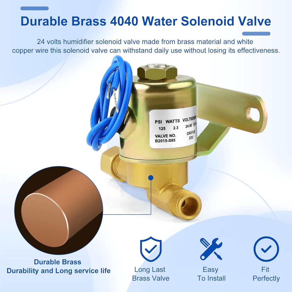 24V Brass Humidifier Solenoid Valve, 3/32" Orifice, 2.3 Watt 60 Hz D600708