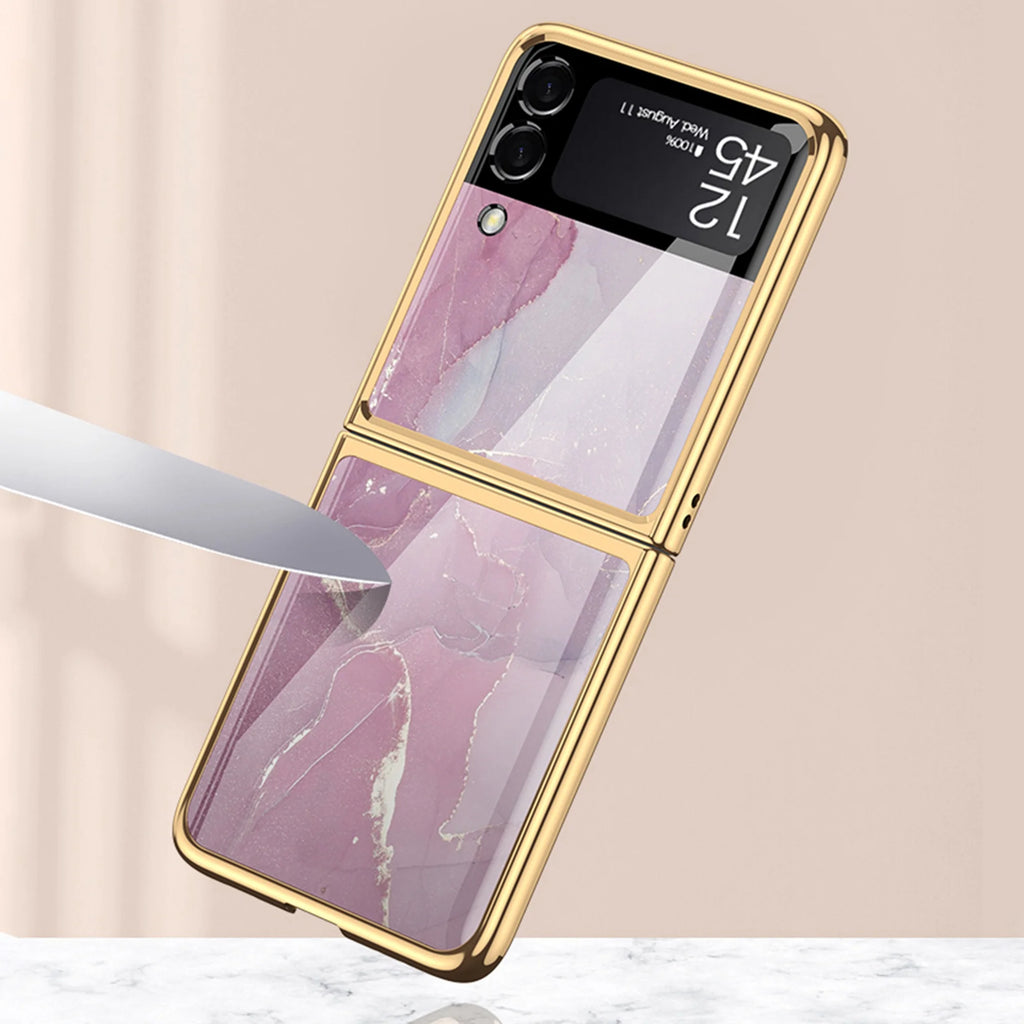 White Marble Striped Pattern Glass Phone Case for Samsung Galaxy Z Flip3 5G T8141