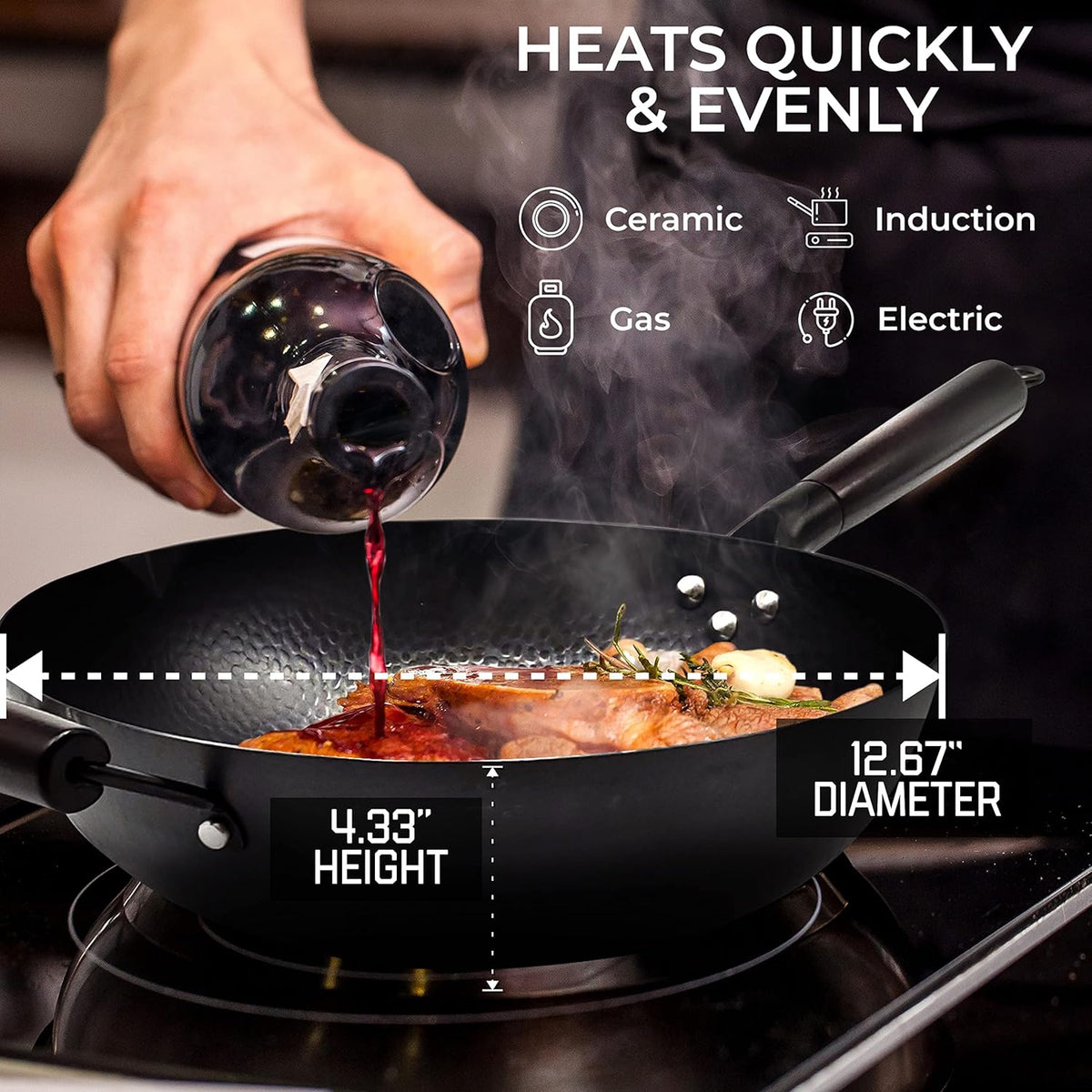 Carbon Steel Wok Pan With Lid, Non-Stick 12.6 Flat Bottom Wok Set R808
