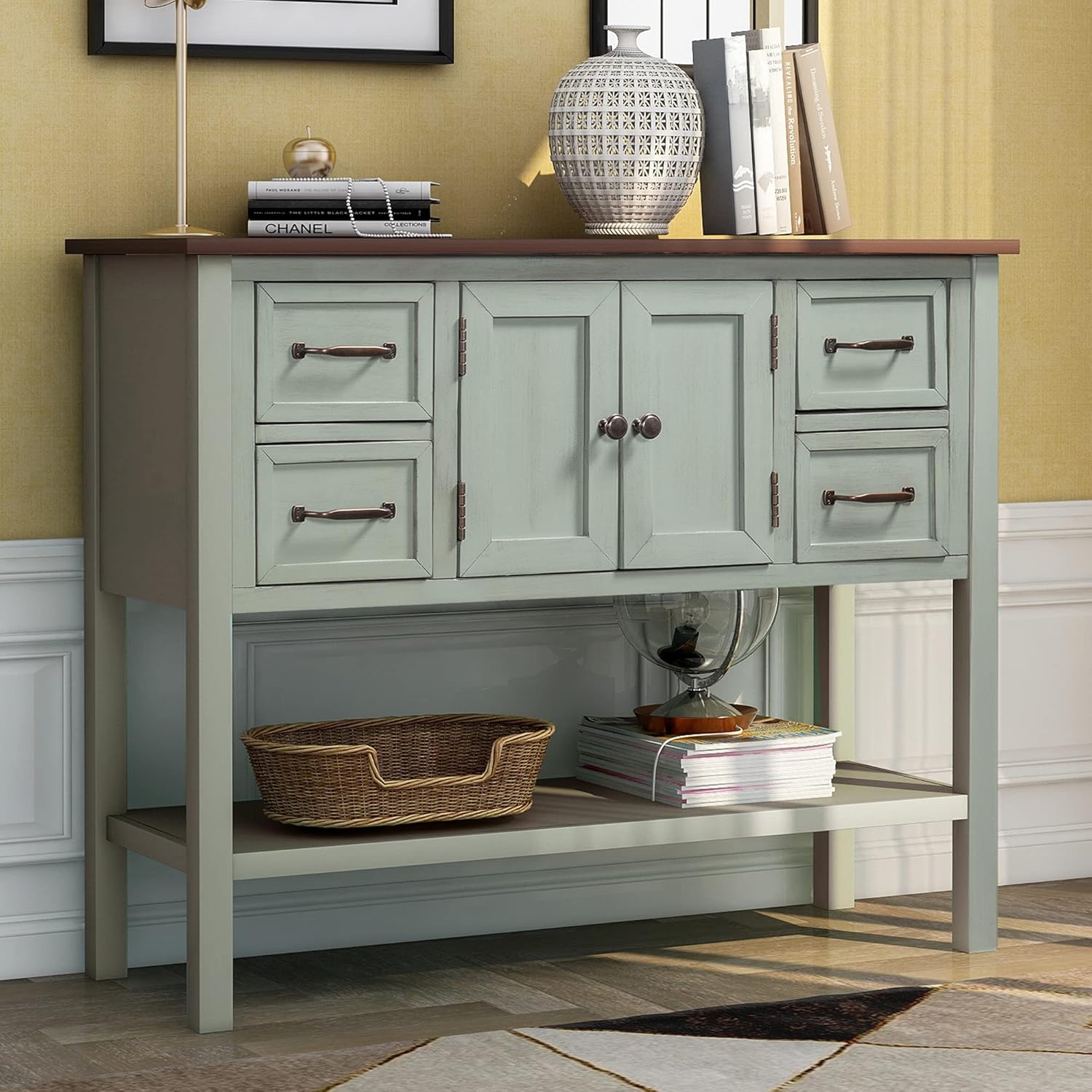 Green Console Table with Storage Drawers and Bottom Shelf R270