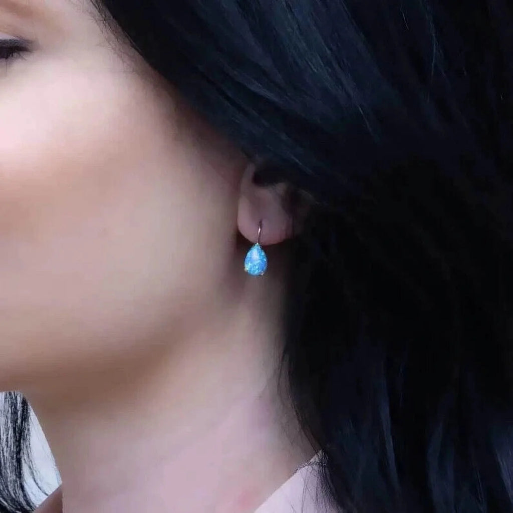 14K Yellow Gold Pear Cut Blue Opal Gemstone Teardrop Earrings R94949