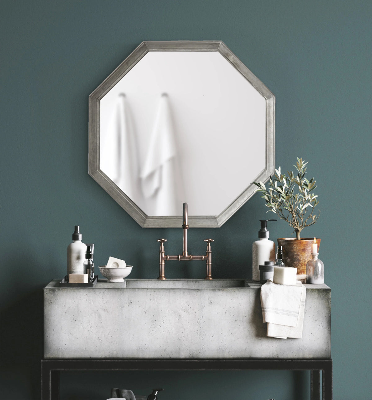 Vintage Galvanized Metal Octagon Wall Mirror, 26 x 26, Silver I488083