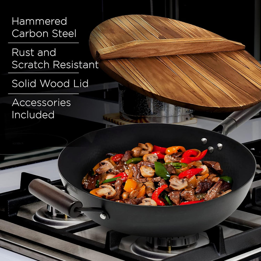 Carbon Steel Wok Pan With Lid, Non-Stick 12.6 Flat Bottom Wok Set R808