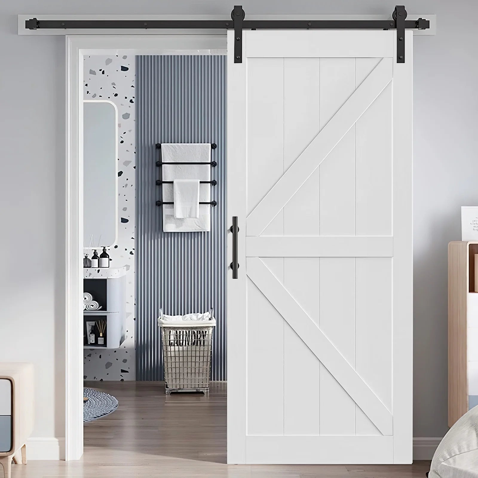 White Primed Paneled Wood Sliding Barn Door P5075