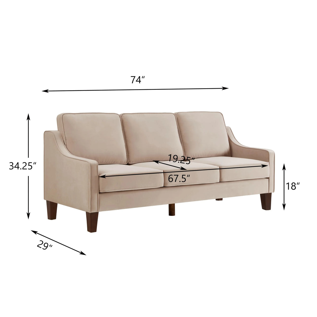 Taupe Velvet 3-Seat Sofa with Wood Legs W14279