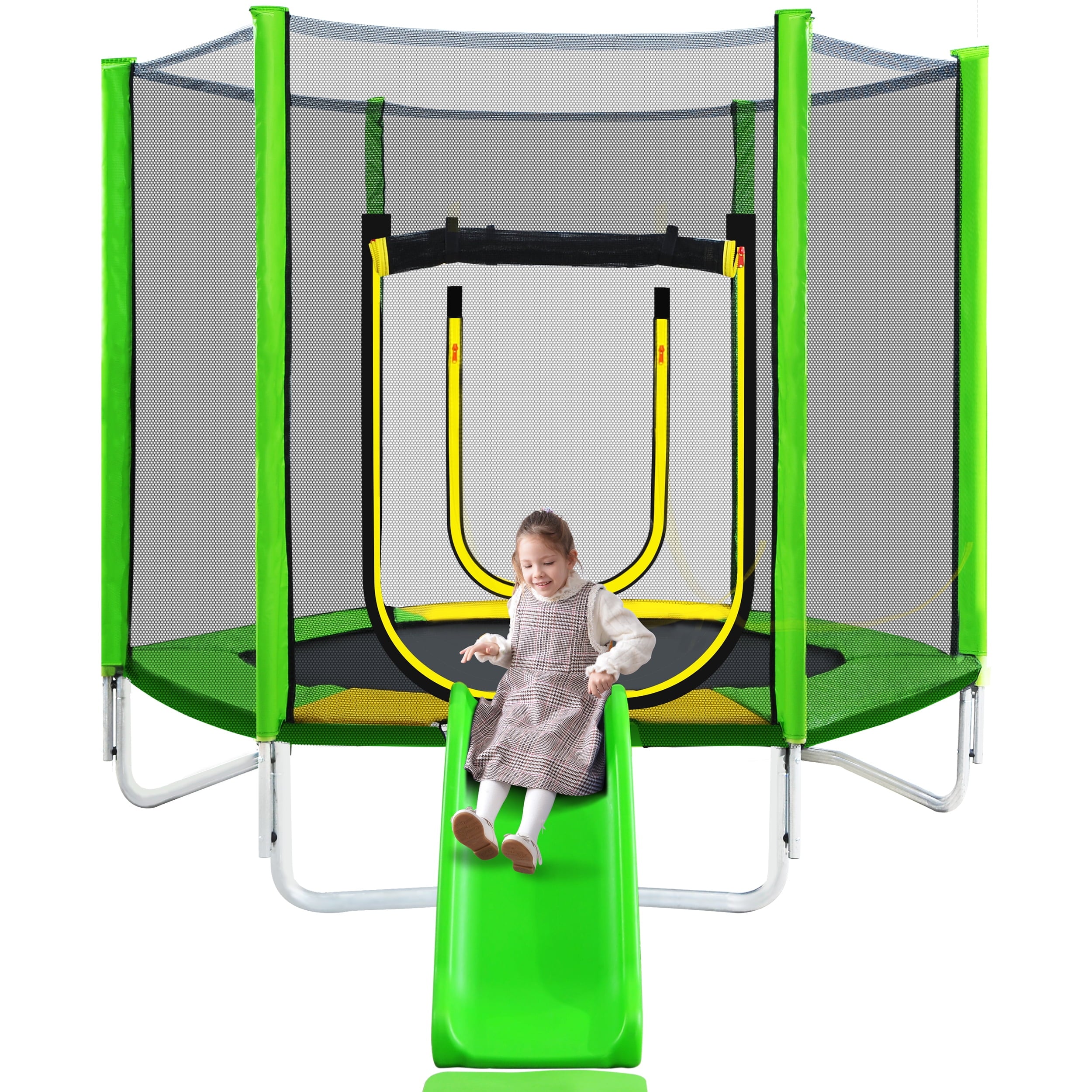7Ft Round Trampoline with Safety Enclosure Net, Slide and Ladder Z29098