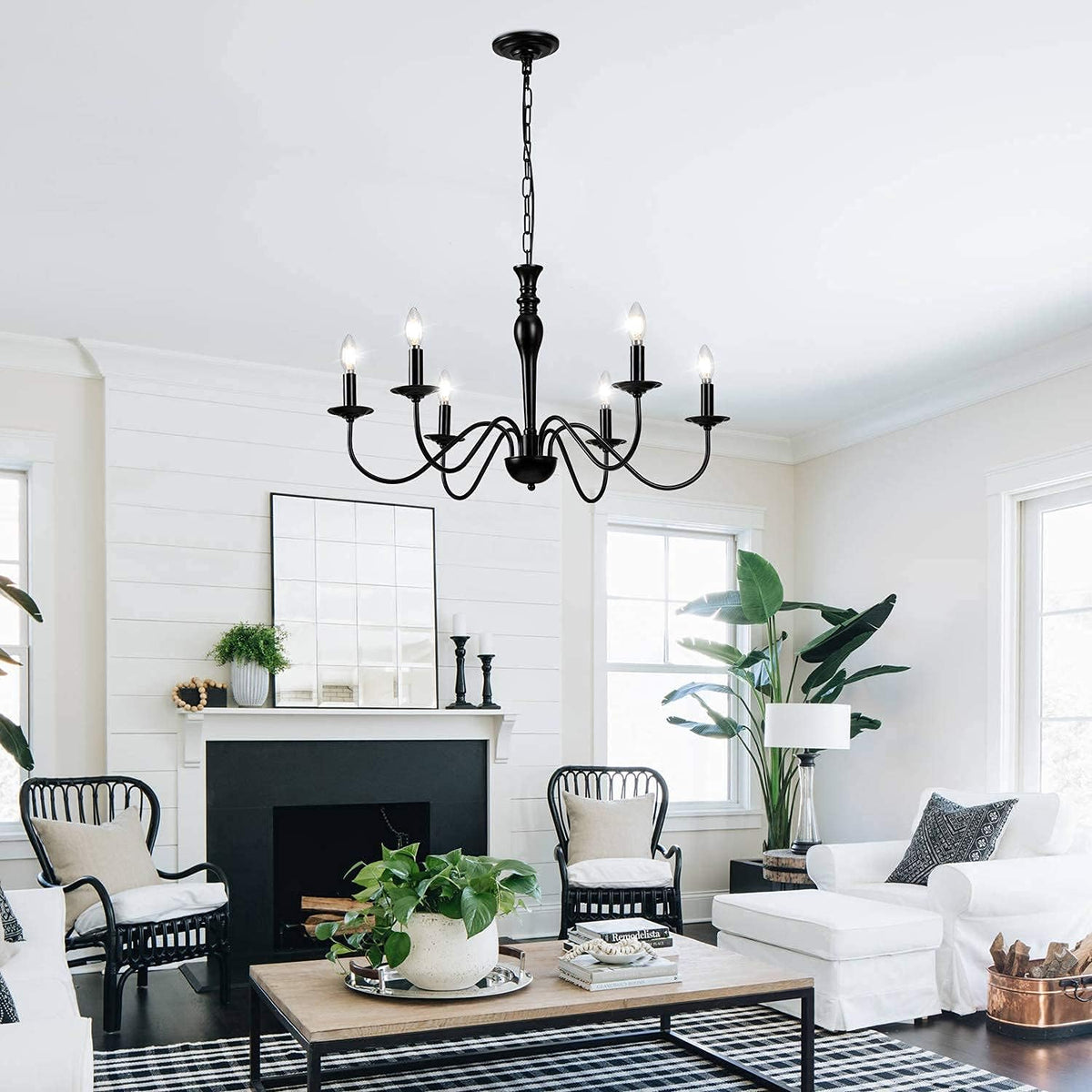 Rustic Farmhouse 6-Lights Black Metal Candle Chandelier N9535