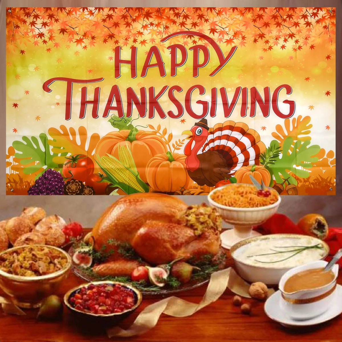 Thanksgiving Banner 72 x 46 Inch Turkey Pumpkin Maple Leaves Banner K493