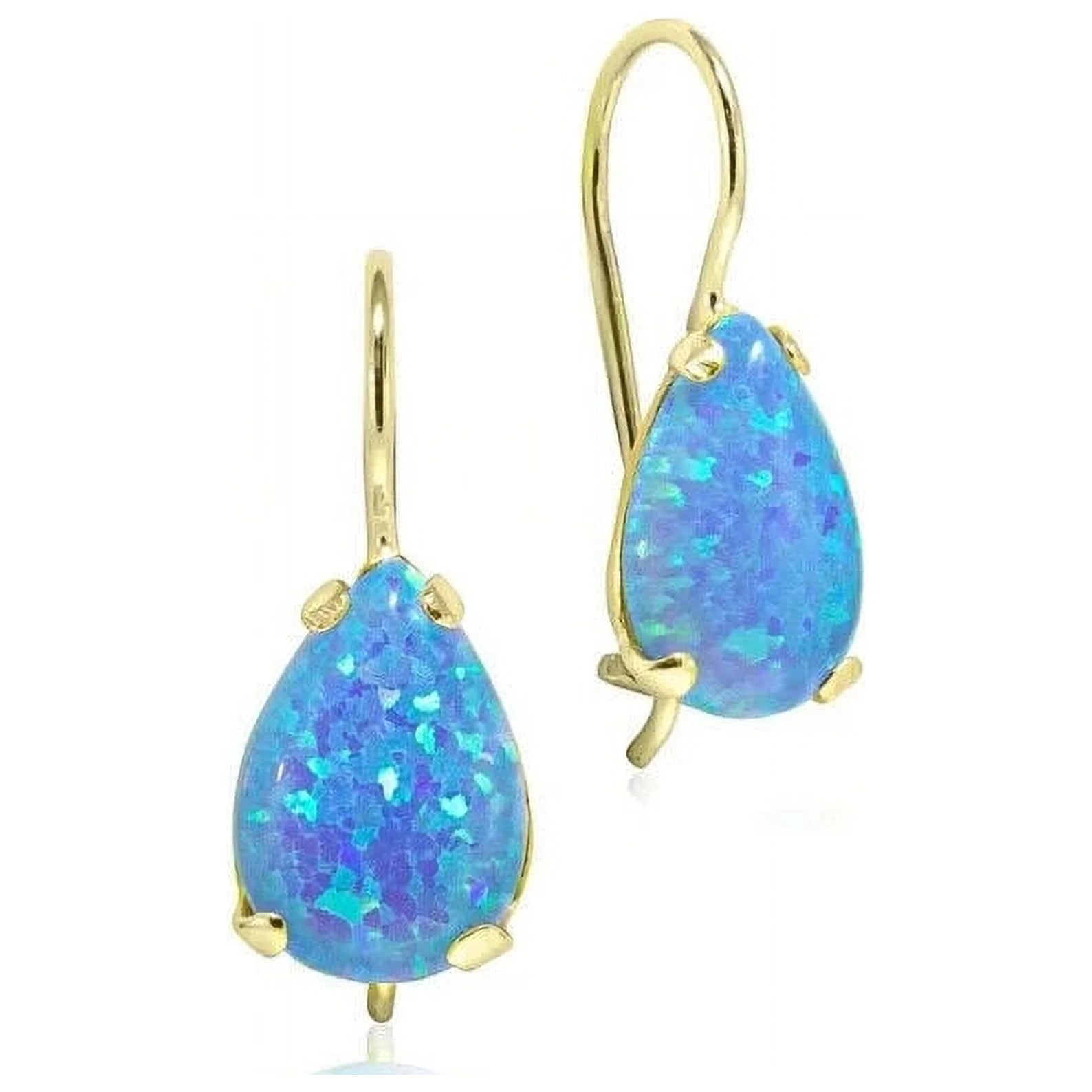 14K Yellow Gold Pear Cut Blue Opal Gemstone Teardrop Earrings R94949