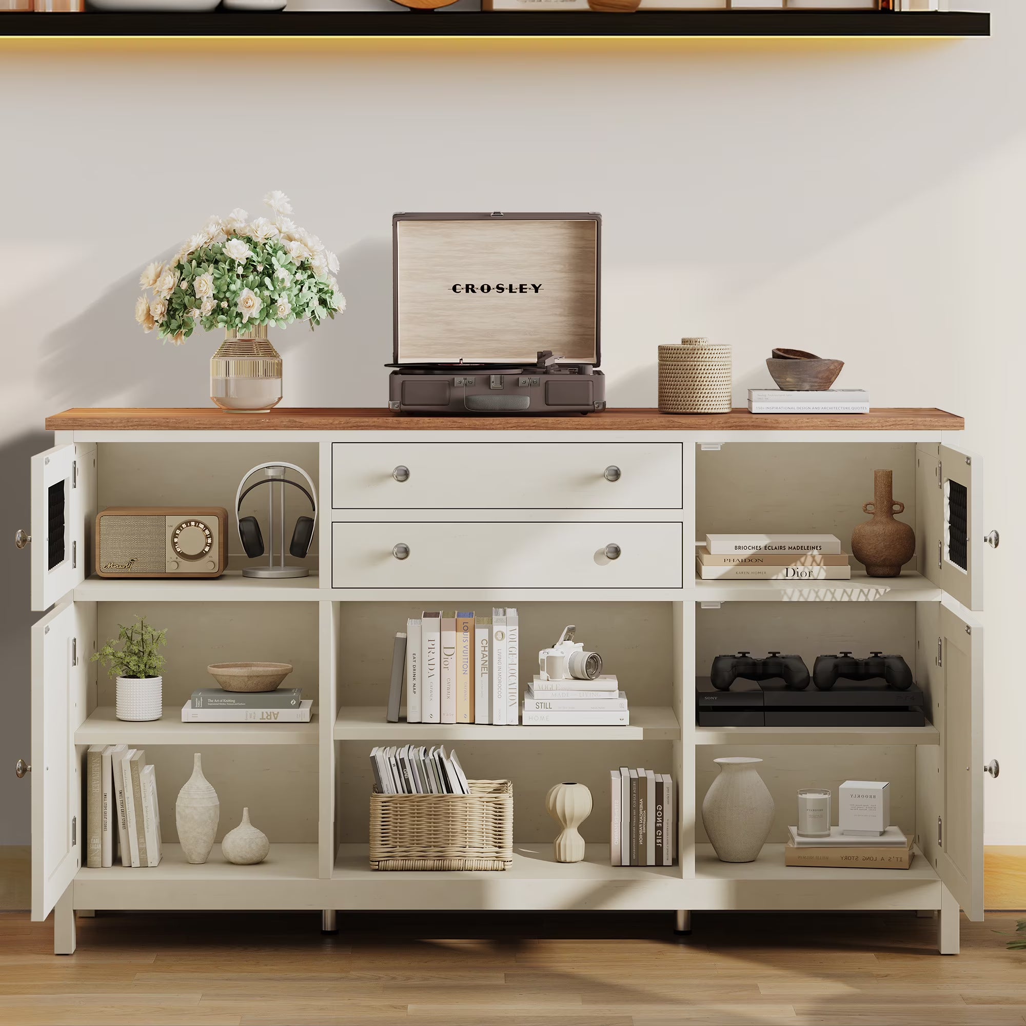 Antique White Farmhouse Coffee Bar Cabinet with 2 Drawers G88328