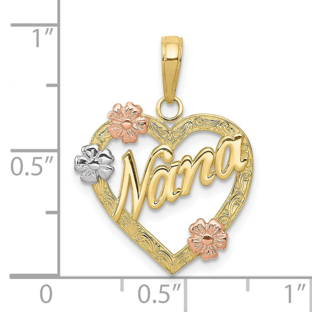 10K Tri Color Nana in Heart with Flowers Pendant V998