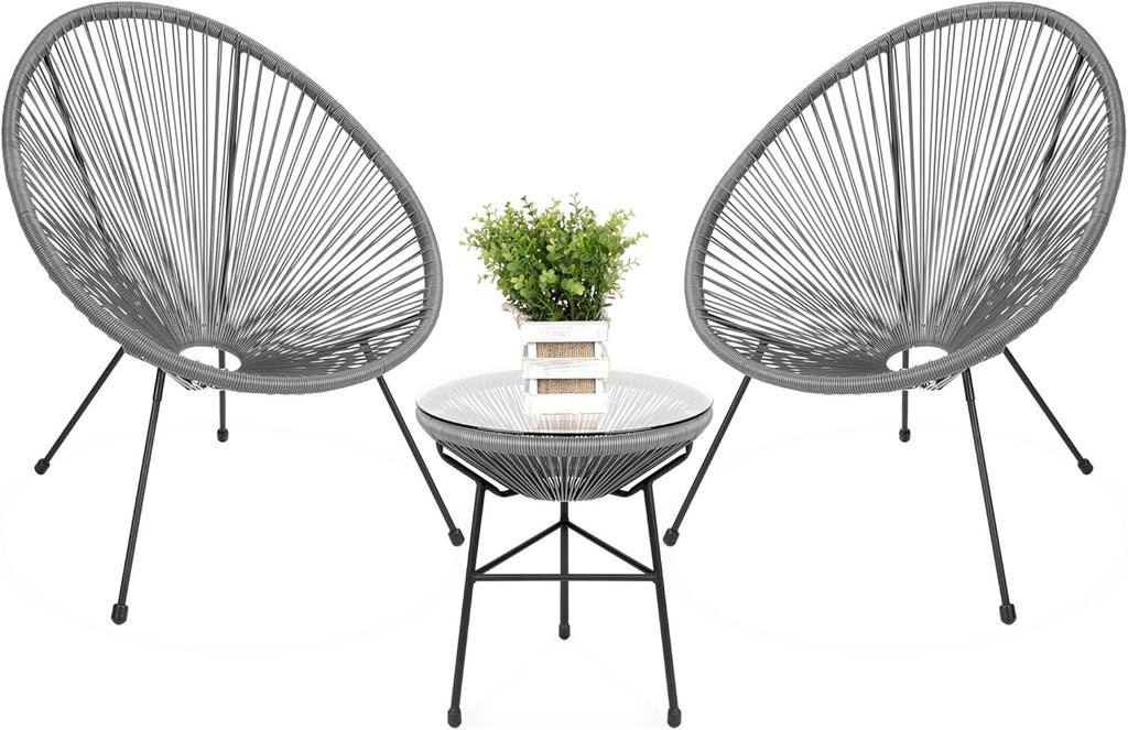 3-Piece Outdoor Acapulco Patio Conversation Bistro Set with Plastic Rope, Glass Top Table and 2 Chairs - Gray K91638