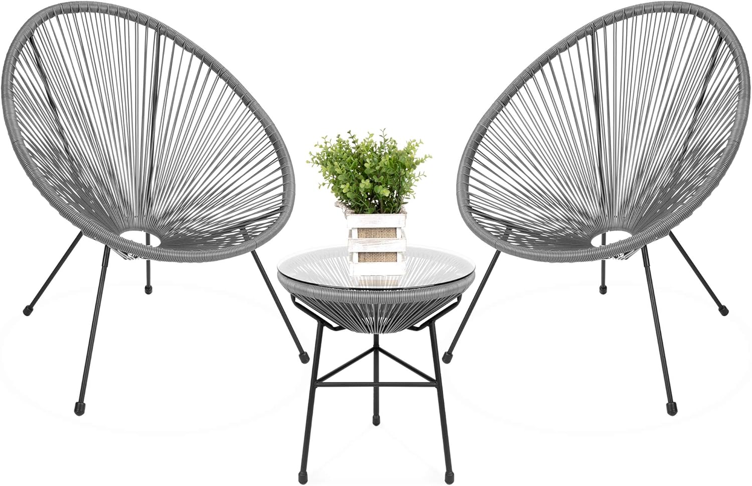 3-Piece Outdoor Acapulco Patio Conversation Bistro Set with Plastic Rope, Glass Top Table and 2 Chairs - Gray K91638
