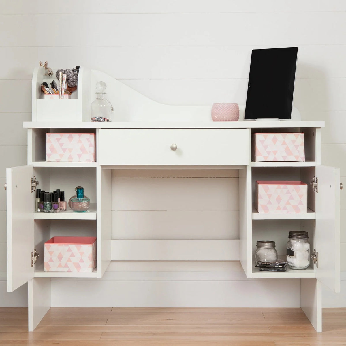 White 2-Door Makeup Desk with Baskets E86618