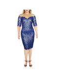 Blue Sequined Lace Sheer Short Sleeve Off Shoulder Knee Length Cocktail Body Con Dress U6336
