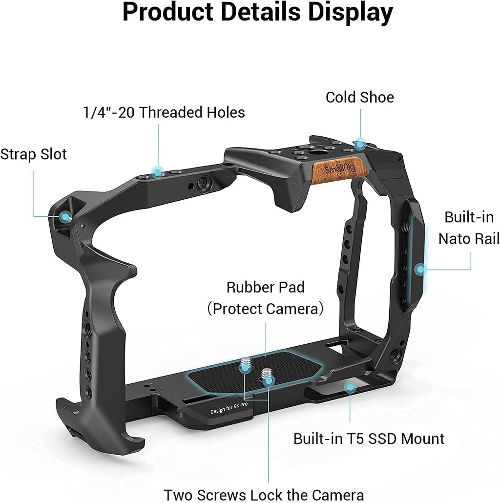 Cage for BMPCC 6K Pro with Quick Release Safety Rail and NATO Top Handle X30457
