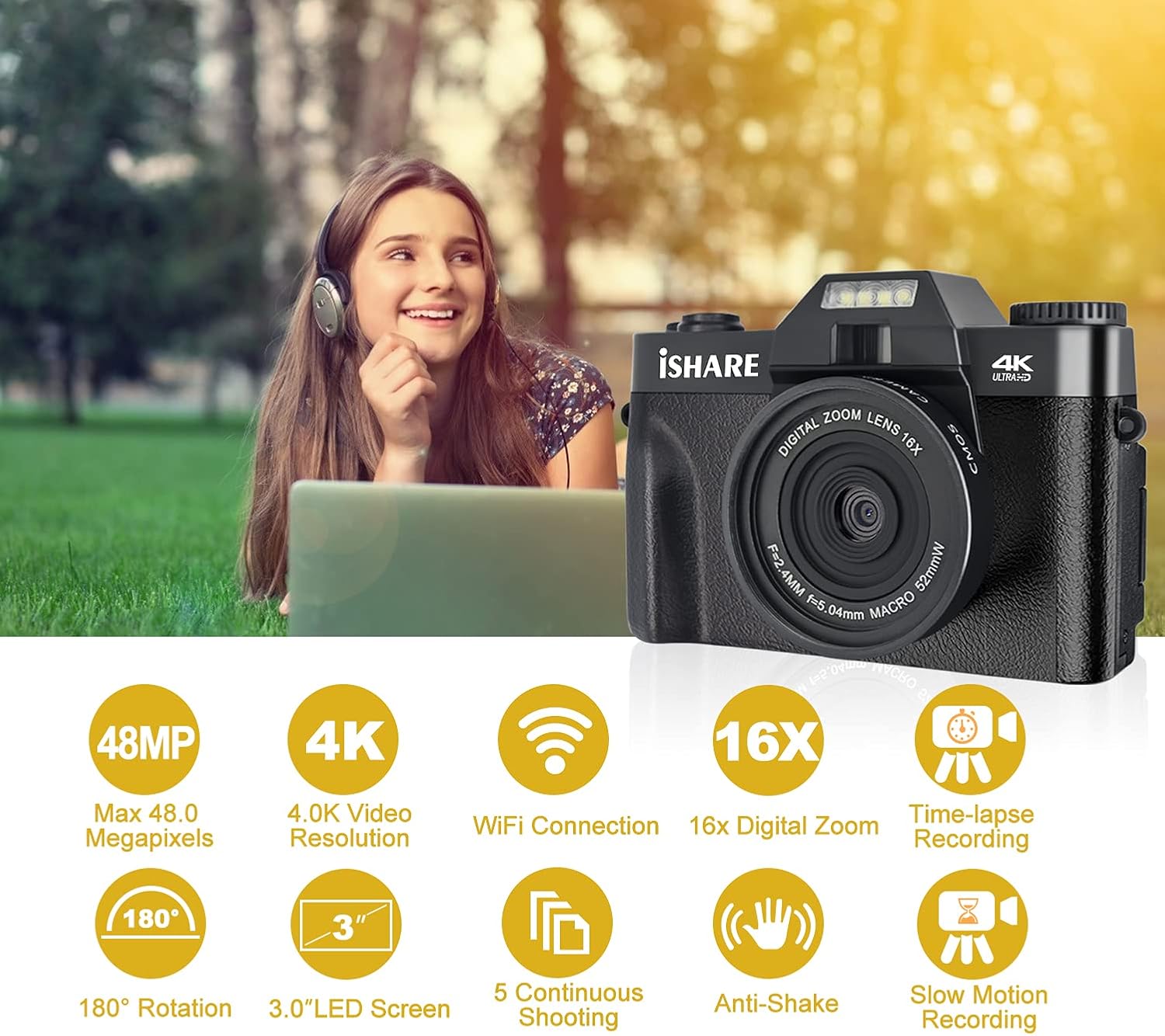 4K 48MP Digital Camera with 3.0 inch 180Deg Flip Screen and 2 Batteries A141553