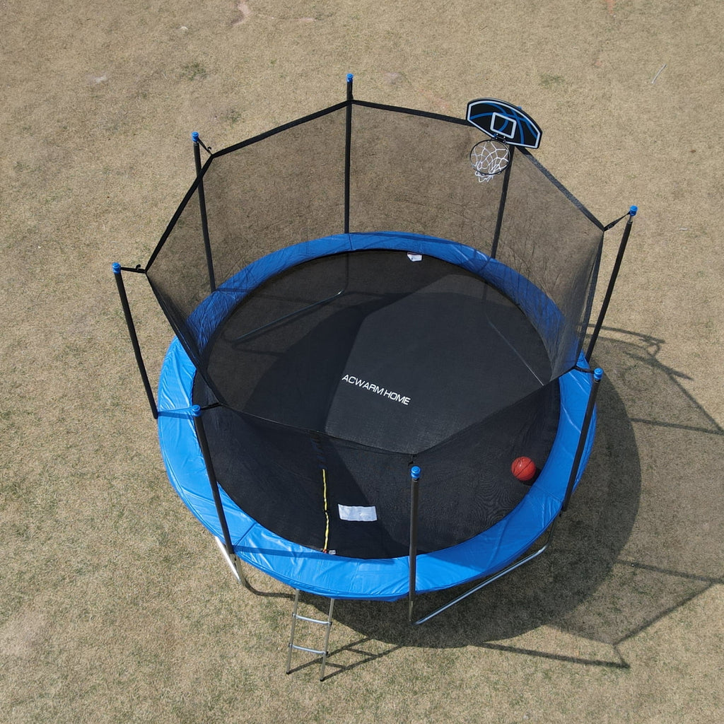 Blue 12FT Outdoor Trampoline with Safety Enclosure and Basketball Hoop M970