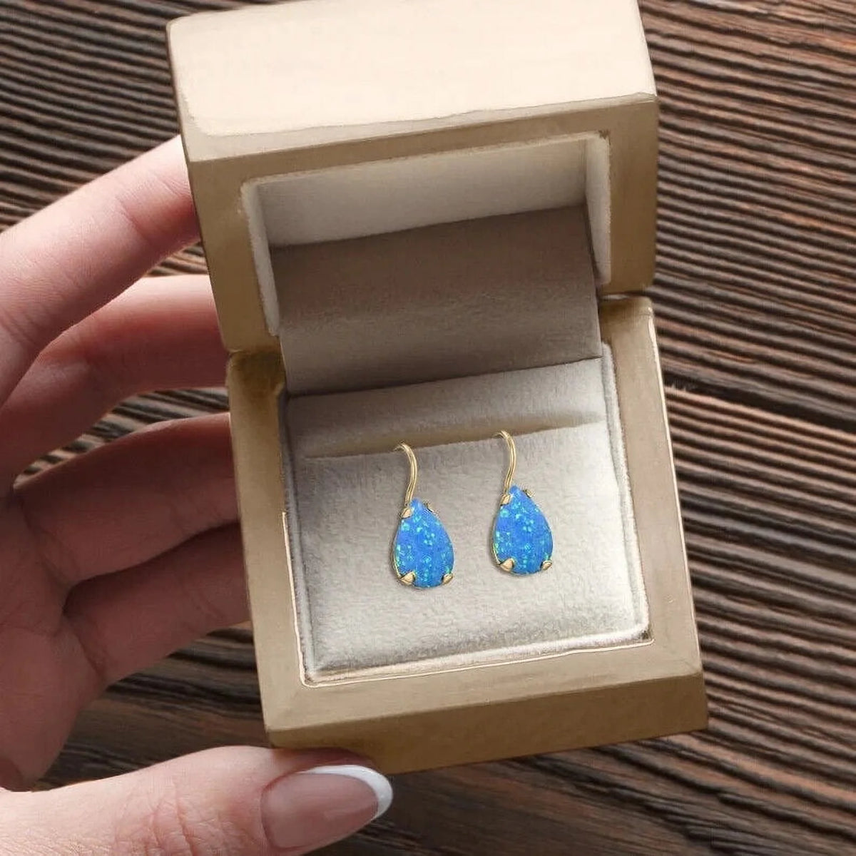 14K Yellow Gold Pear Cut Blue Opal Gemstone Teardrop Earrings R94949