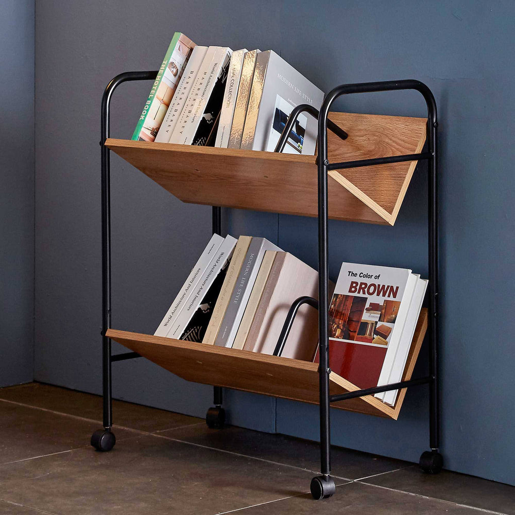 2-Tier Wood Metal Double Sided Mobile Book Cart H7051