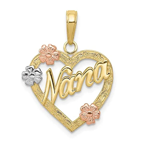 10K Tri Color Nana in Heart with Flowers Pendant V998