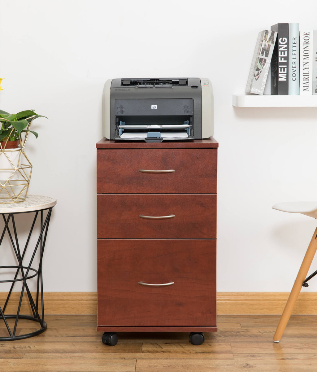 Cherry 3 Drawer File Cabinet with Rolling Casters J9356