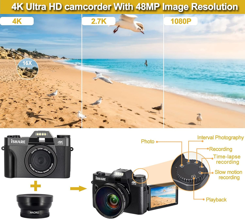 4K 48MP Digital Camera with 3.0 inch 180Deg Flip Screen and 2 Batteries A141553