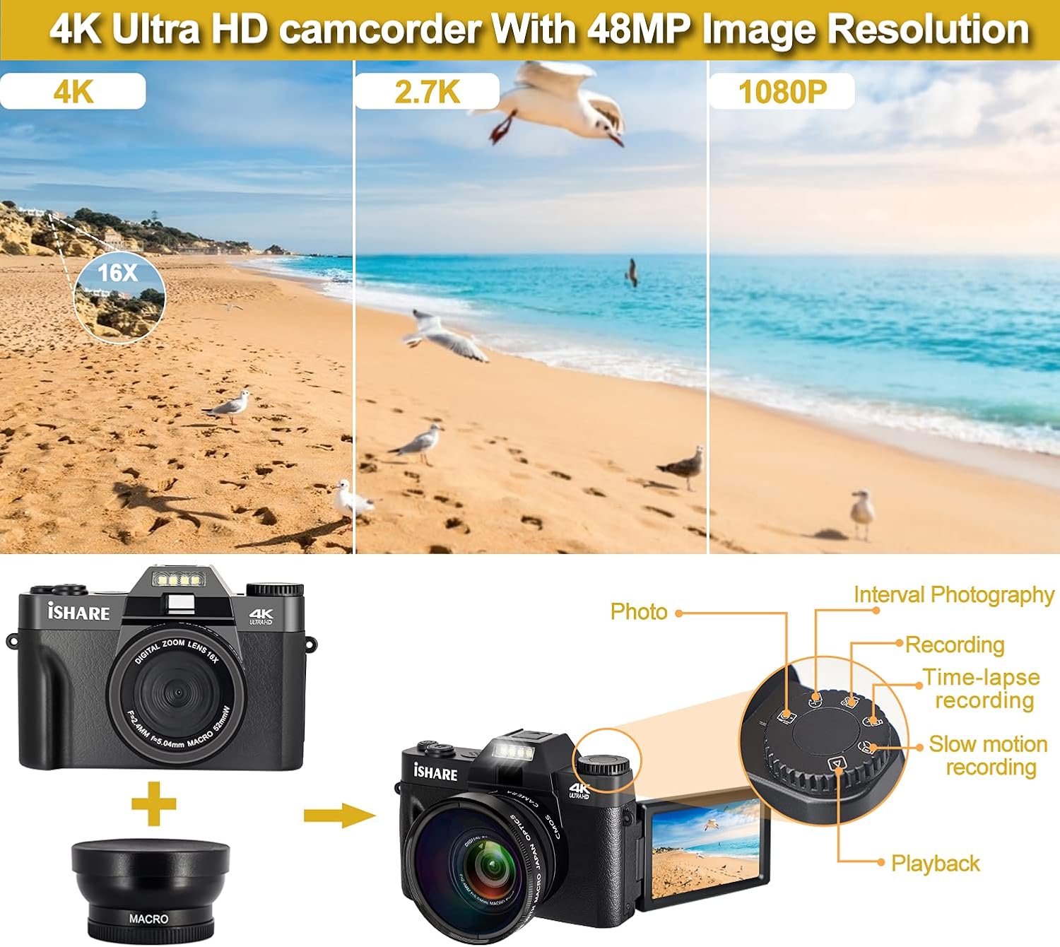 4K 48MP Digital Camera with 3.0 inch 180Deg Flip Screen and 2 Batteries A141553