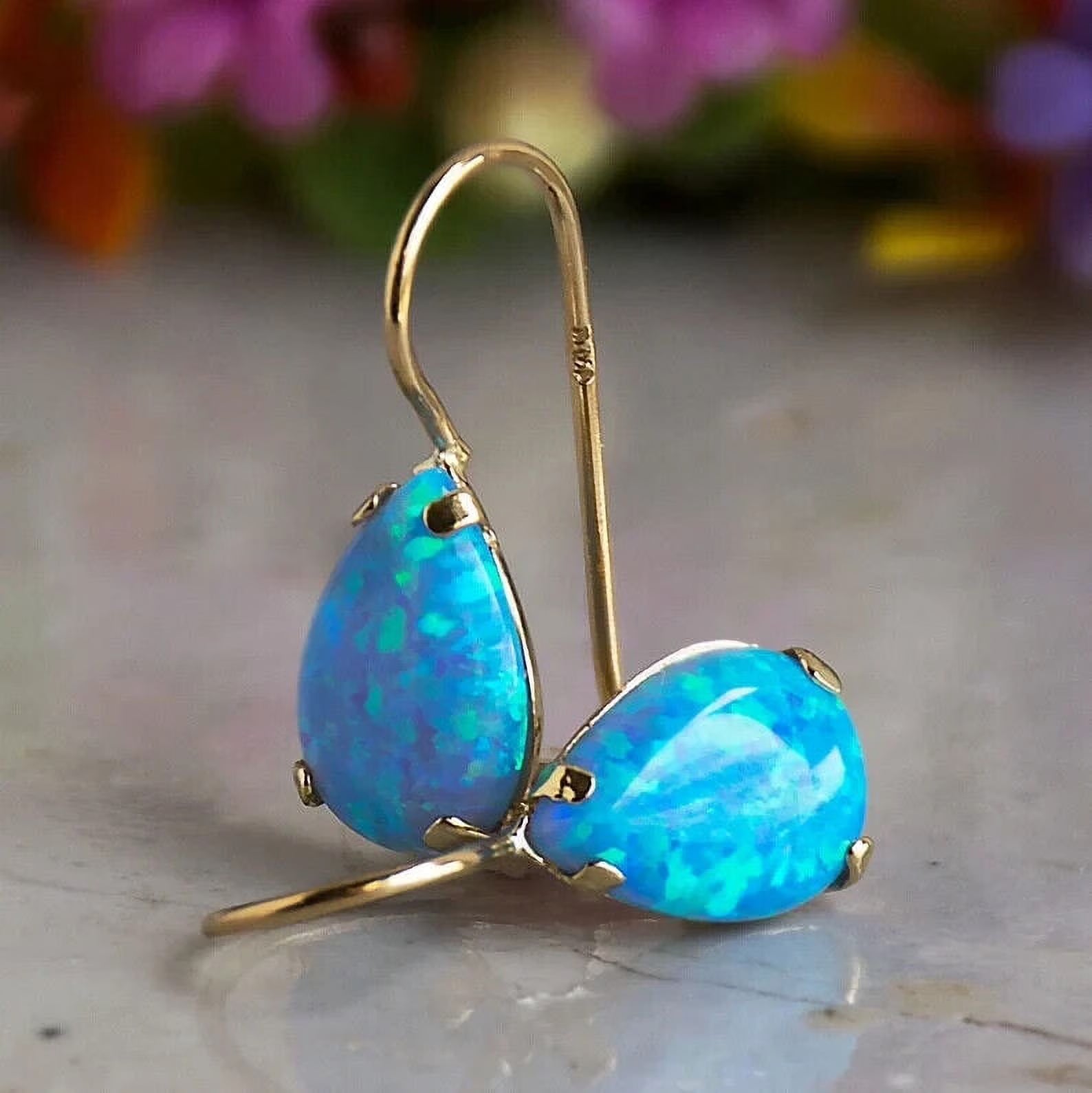 14K Yellow Gold Pear Cut Blue Opal Gemstone Teardrop Earrings R94949