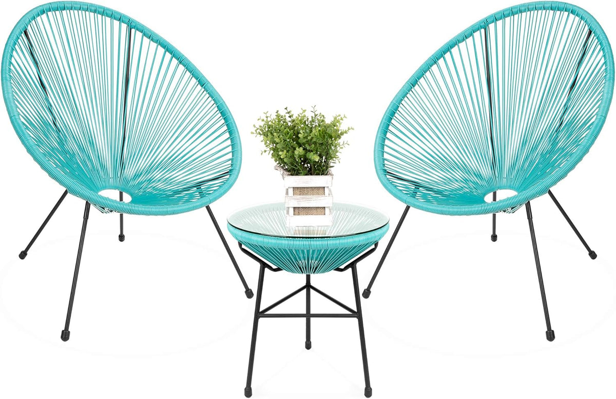 3-Piece Outdoor Acapulco Patio Conversation Bistro Set with Plastic Rope, Glass Top Table and 2 Chairs - Gray K91638