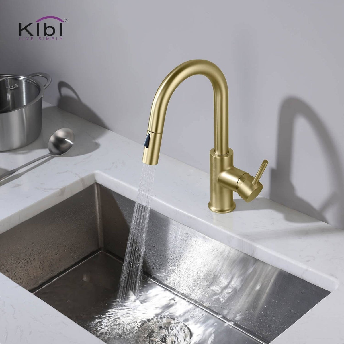 Single Hole Pull-Down Kitchen Faucet with Soap Dispenser Brushed Nickel L5730