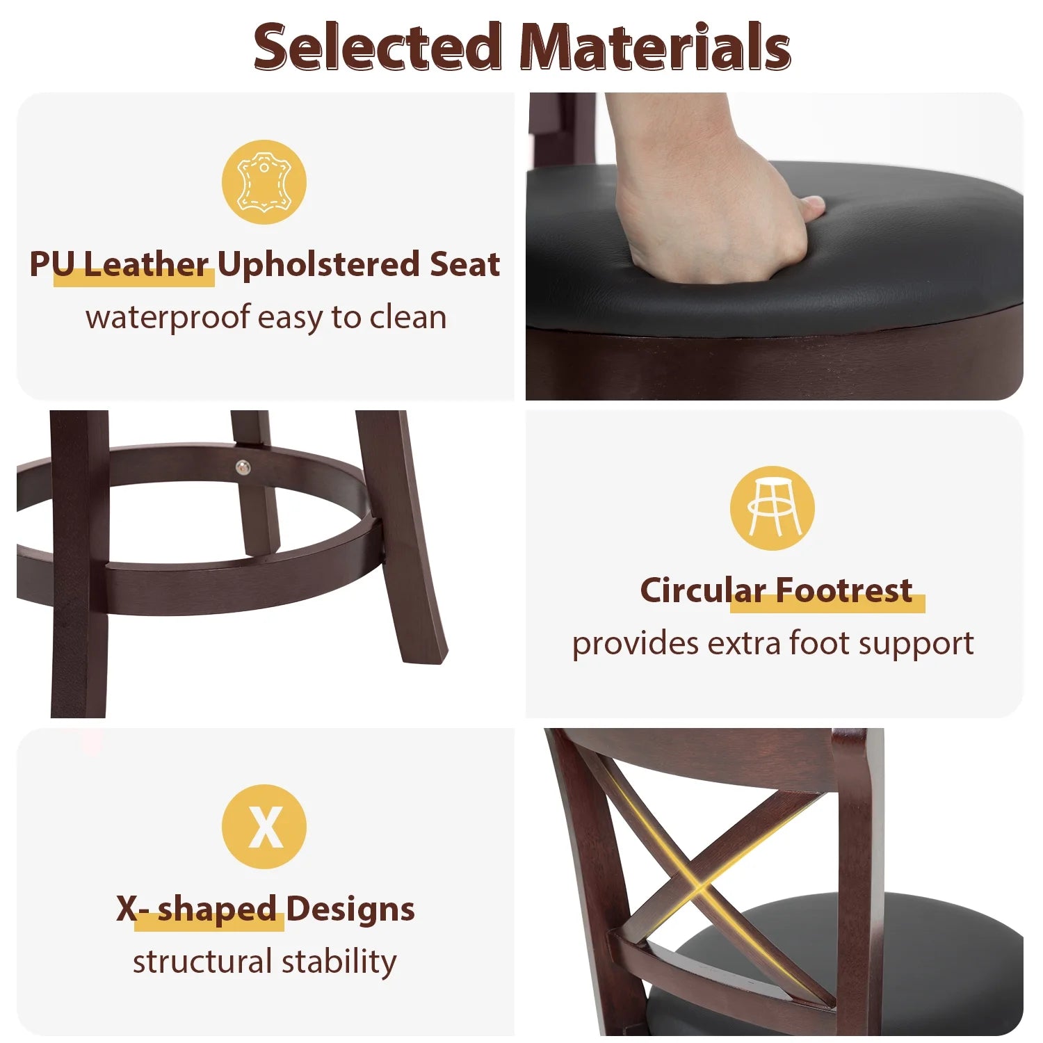 Brown Wooden Low Back Bar Stools with 360 Degree Swivel and PU Leather Upholstery X378