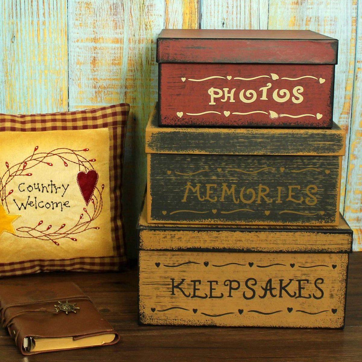 Primitive Vintage Square Cardboard Nesting Boxes, Large 11 X 11 X 5-1/2 Inch, Set of 3, Pack of 2 Z426280