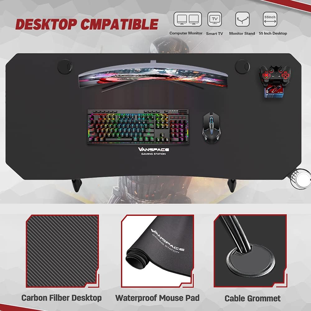 55 Inch Ergonomic Gaming Desk with Full-Covered Mouse Pad Z2296